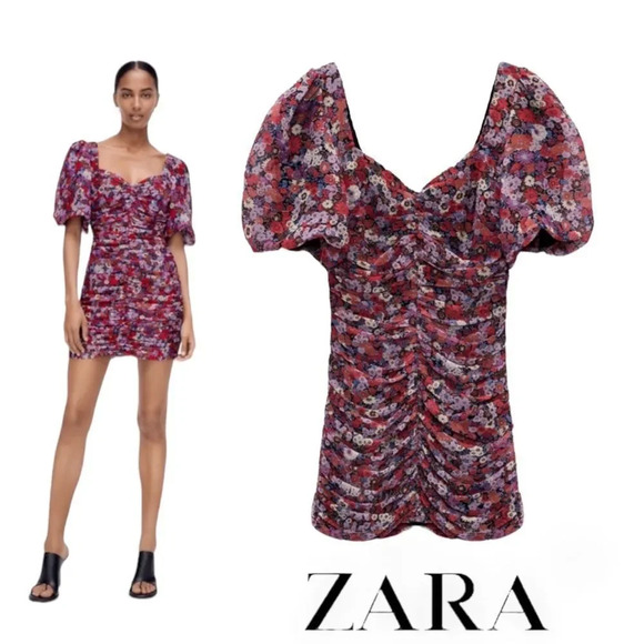 ZARA | Purple - Red | FLORAL PRINTED DRESS WITH DRAPING - Picture 1 of 8